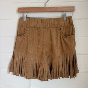 Western Fringe Suede-Look Mini Skort in Brown with Belt Loops